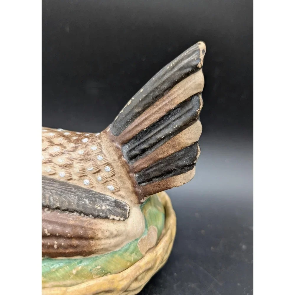 Antique Staffordshire Ceramic Hen on Nest Covered Dish Hand Painted As Is 6